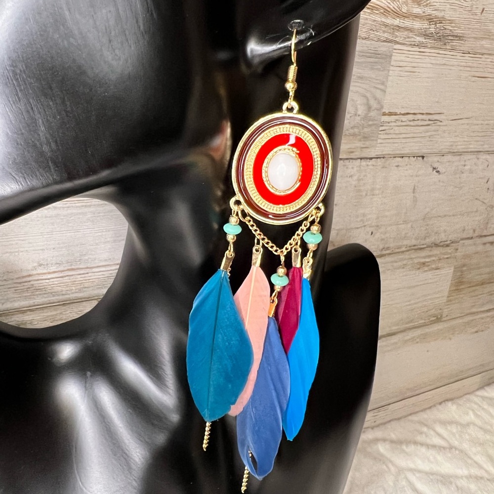 NWT shades of blues & pinks boho feather earrings. - Picture 5 of 6